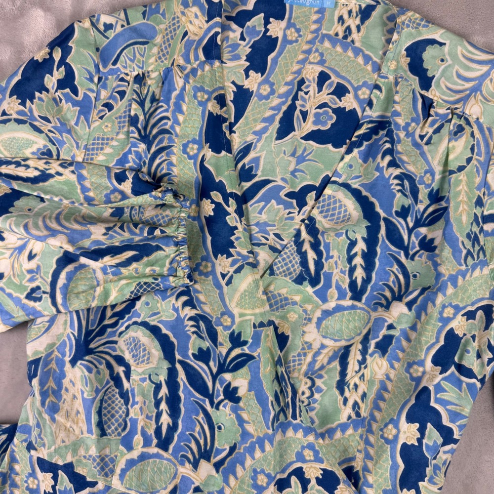 J.McLaughlin Simona Cotton Silk Wrap Dress Medium Ruffle Hem Blue Green Paisley